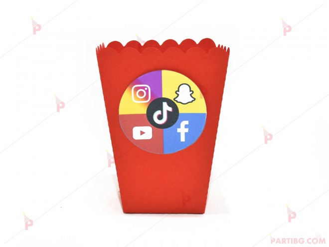 Кофичка за пуканки/чипс с декор социални мрежи в червено | PARTIBG.COM