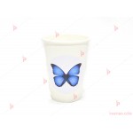 Чашки едноцветни в бяло с декор Синя пеперуда | PARTIBG.COM