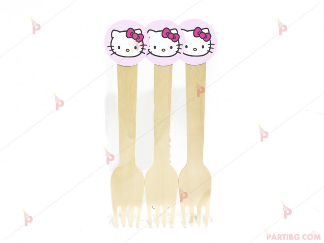 Вилички дървени, к-т 6бр с декор Кити / Hello Kitty | PARTIBG.COM