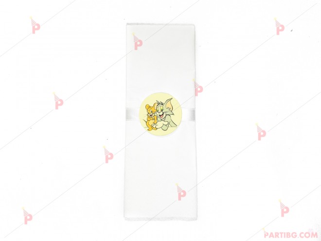 Салфетка едноцветна в бяло и тематичен декор Том и Джери / Tom and Jerry | PARTIBG.COM