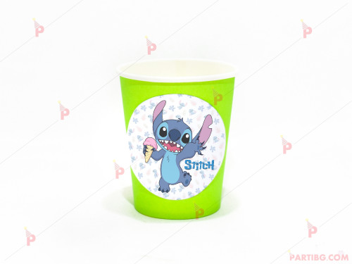 Чашки едноцветни в зелено с декор Стич / Stitch