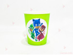 Чашки едноцветни в зелено с декор Пи джей маск/ PJ MASKS