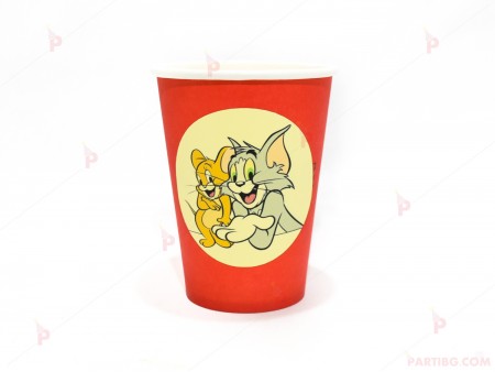 Чашки едноцветни в червено с декор Том и Джери 2