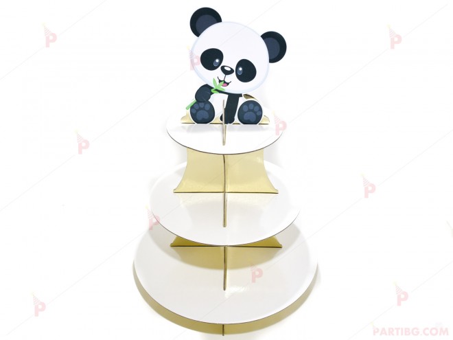 Стойка/поставка за кексчета и сладки в златно с декор Панда | PARTIBG.COM