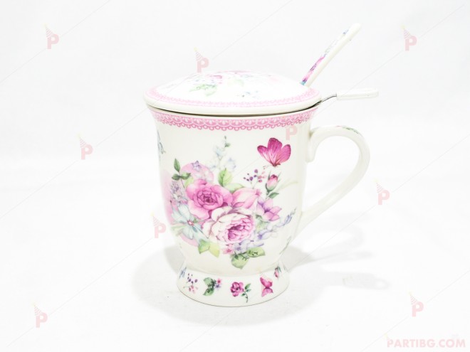Чаша за чай с цедка бяла с цветя | PARTIBG.COM