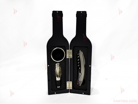 Комплект в черна бутилка-тирбушон и тапа за бутилка вино 