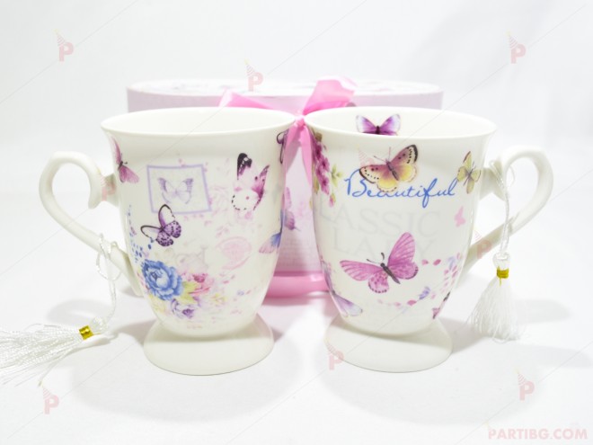 Две чаши с декор пеперудки в подаръчна кутия | PARTIBG.COM