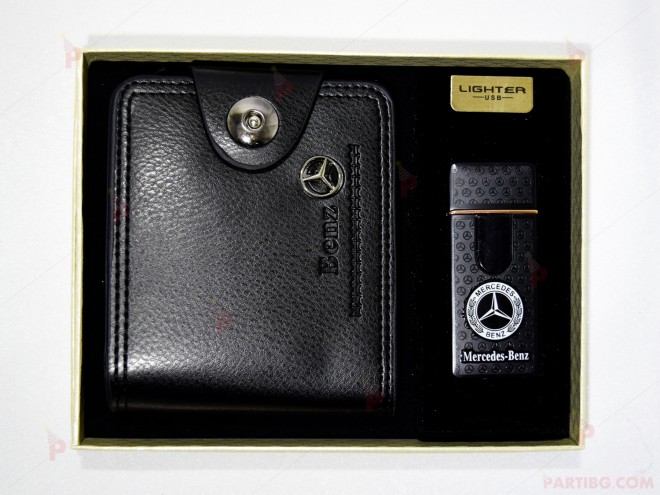 Подаръчен комплект - портфейл и USB запалка с емблемата на "Мерцедес" в кутия | PARTIBG.COM