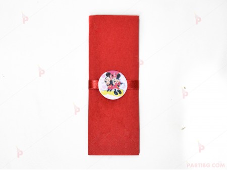 Салфетка едноцветна в червено и тематичен декор Мини и Мики Маус