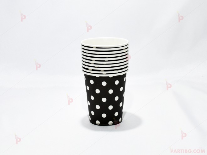 Чашки к-т 10бр. черни с бели точки | PARTIBG.COM